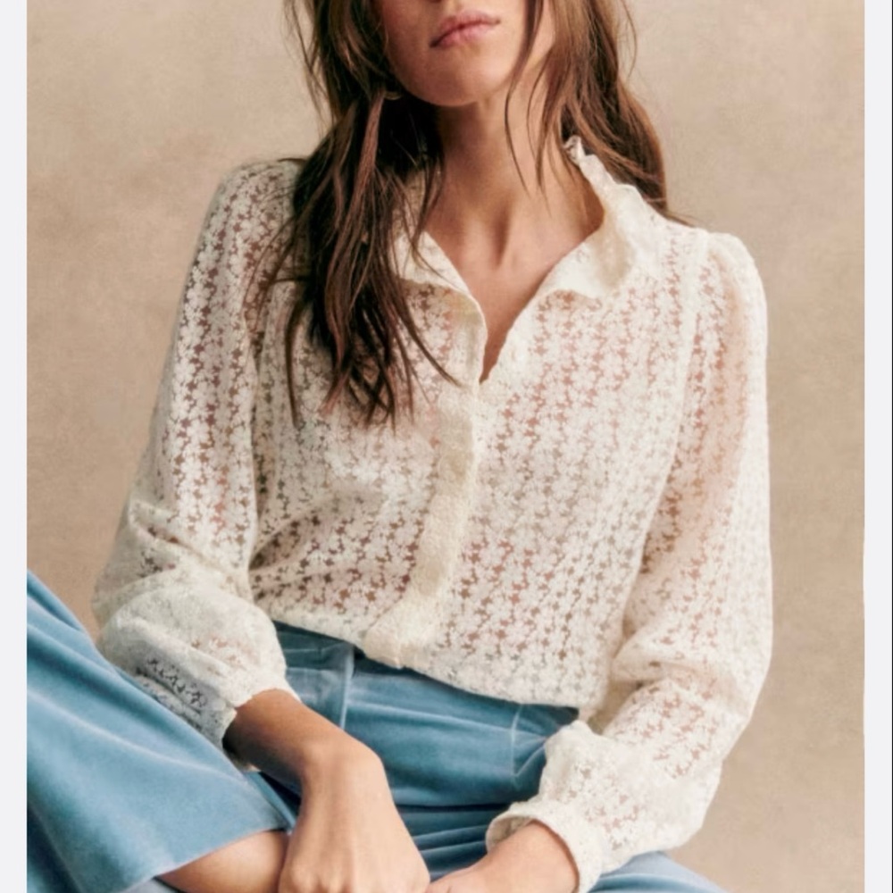 Sezane Cream Lace Button-Front Blouse